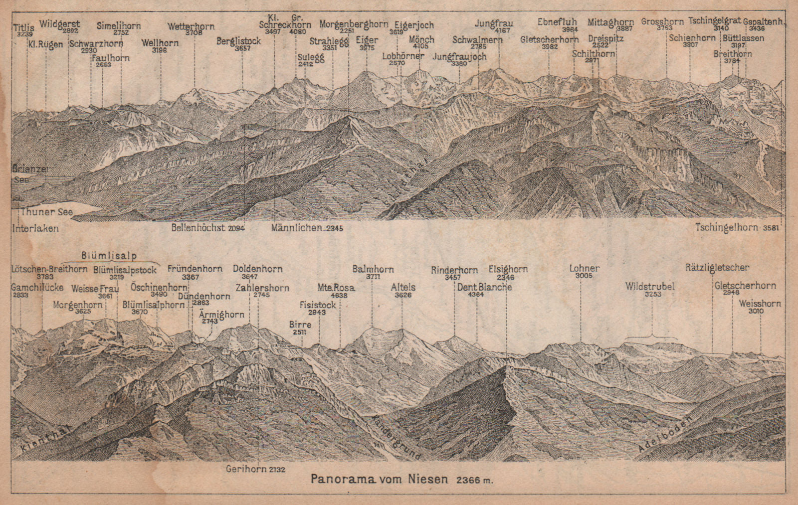PANORAMA from/von NIESEN 2366m. Blumisalp Jungfrau Switzerland Schweiz 1893 map